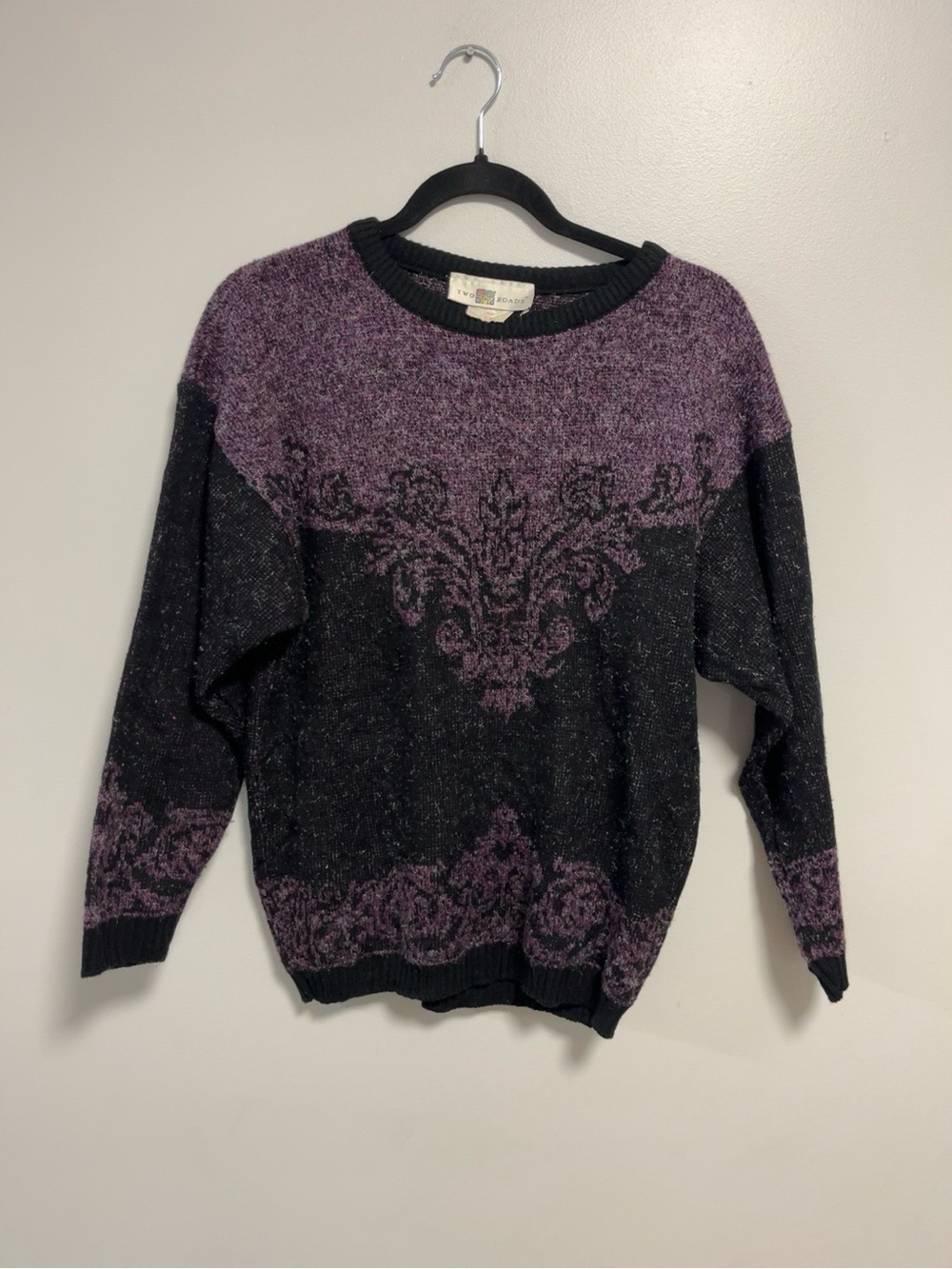 vintage Two Roads Made in Canada Purple Black Damask Knit Sweater Small